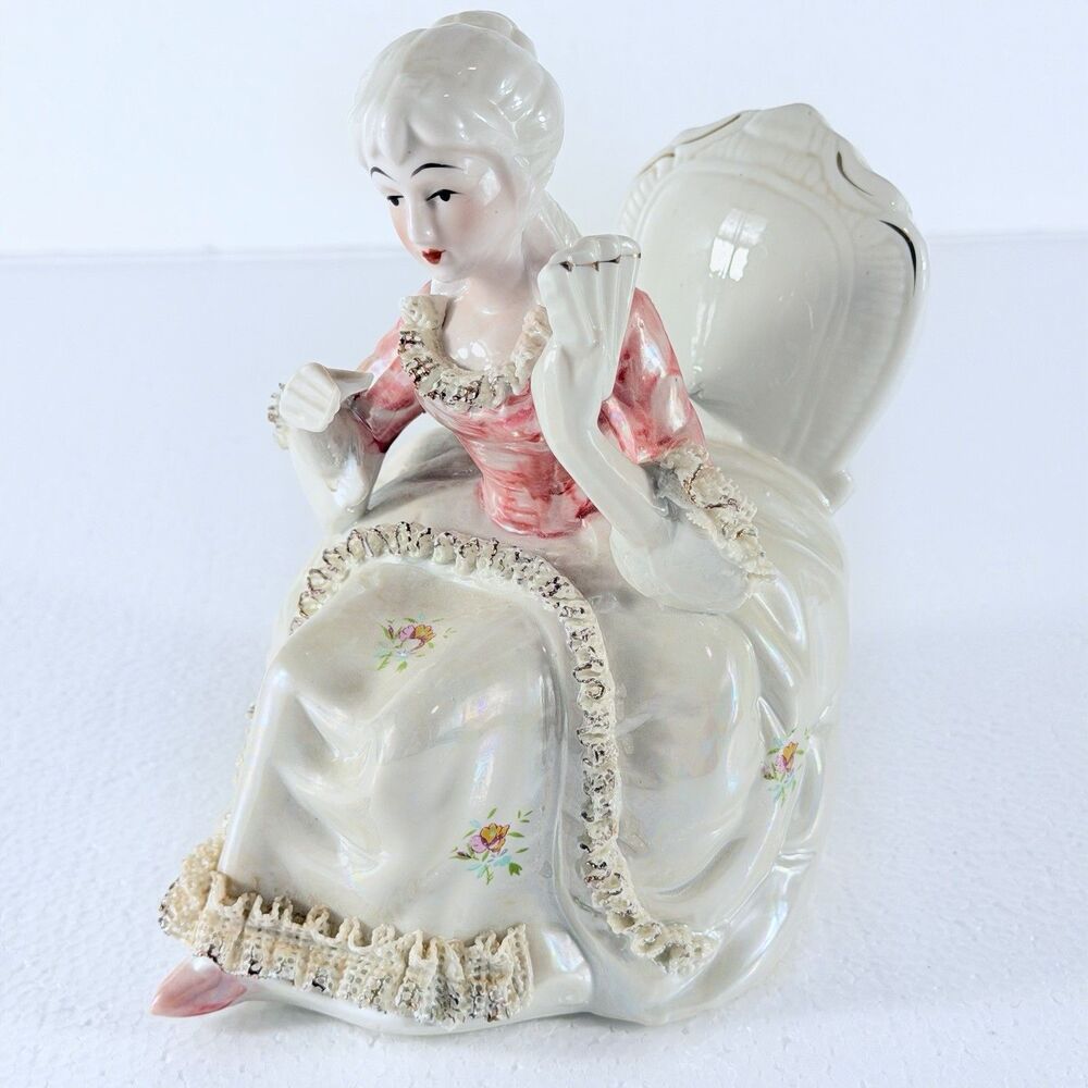 Vintage Dresden Style Porcelain Lady Sitting In Chair Figurine Victorian 7 Inch